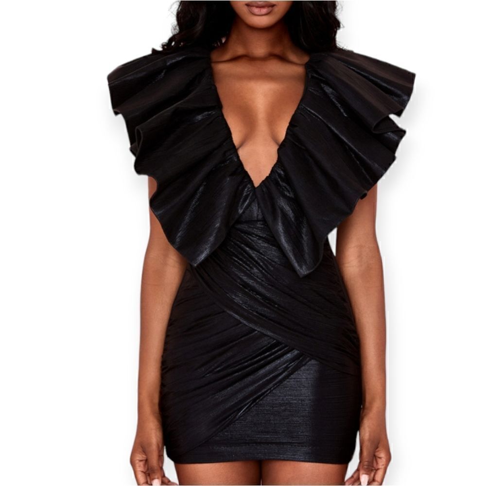 House of CB London Dianna black exaggerated frill dress, xs